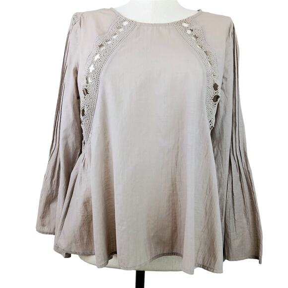 Soft Surroundings SZ L Cotton Blend Crochet Pleated Bell Sleeve Tunic Taupe - Picture 1 of 9